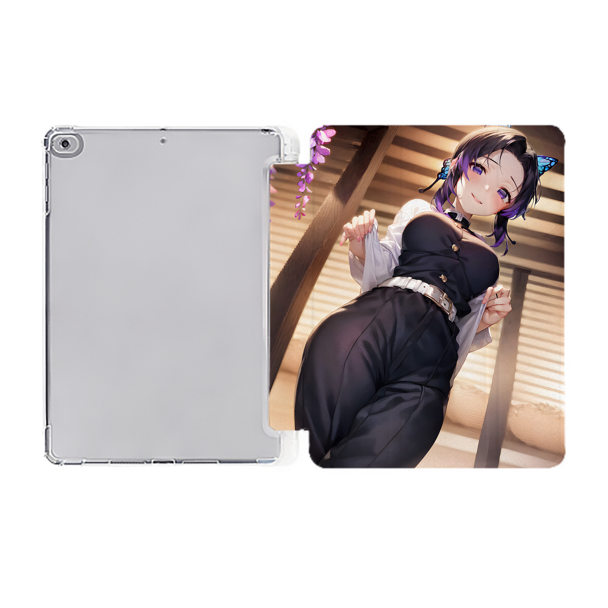 （画像用） 鬼滅の刃（きめつのやいば）蟲柱-胡蝶 しのぶ／こちょう しのぶ Kochou Shinobu IPad ケース ペン収納付き 三つ折りスタンド PUレザー×シリコン 対応機種9.5/10.5/10.9インチ